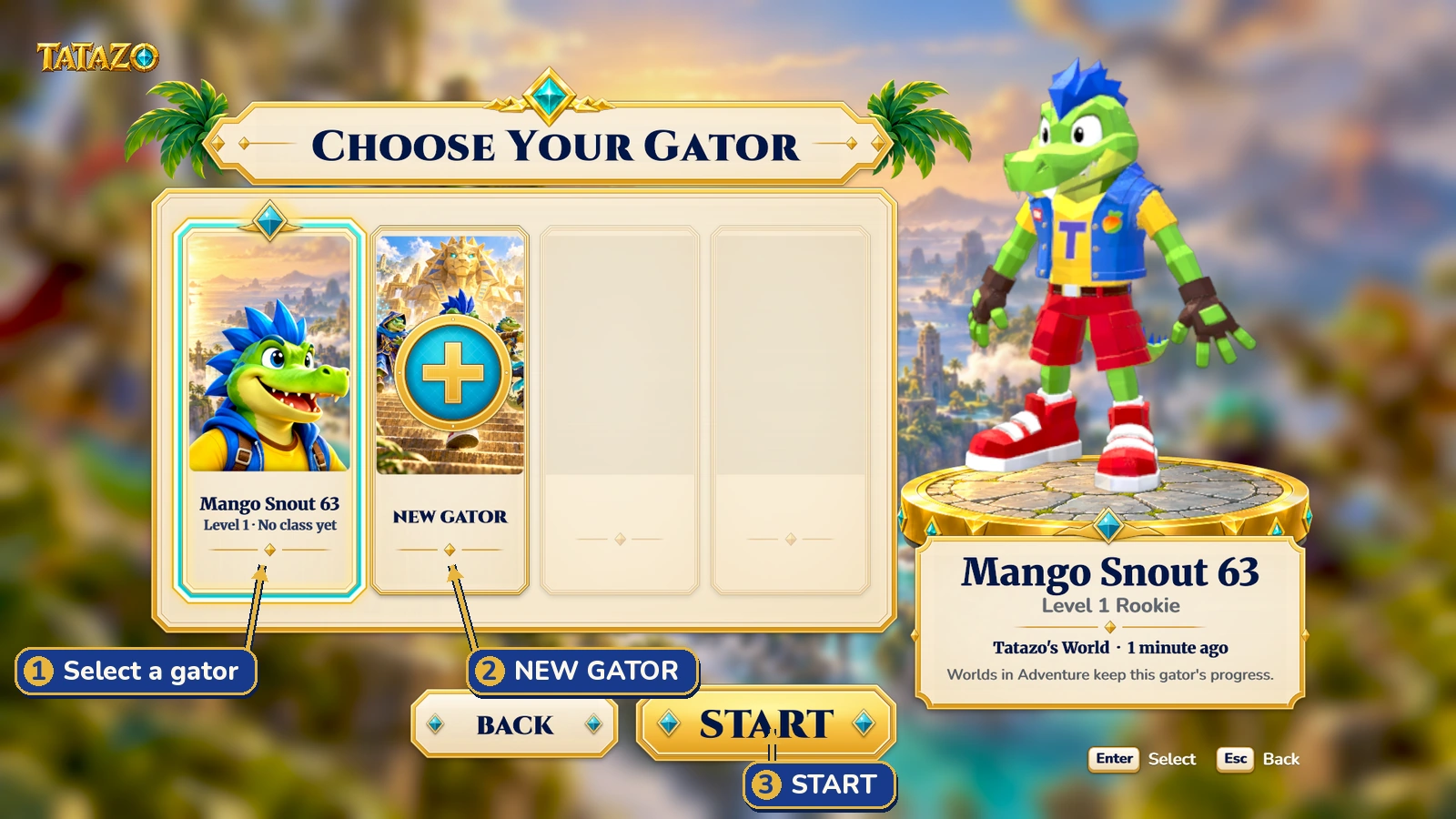 Choose your gator: 1 select a character; 2 NEW GATOR makes a fresh character; 3 START enters the world.