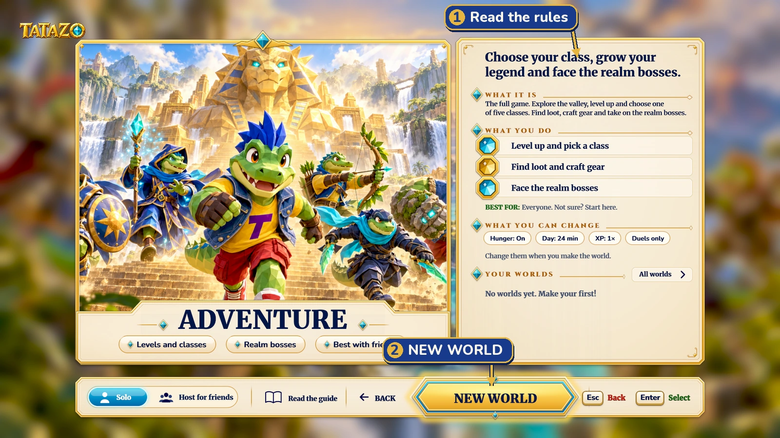 Adventure page: 1 read the mode explanation; 2 NEW WORLD opens world setup.