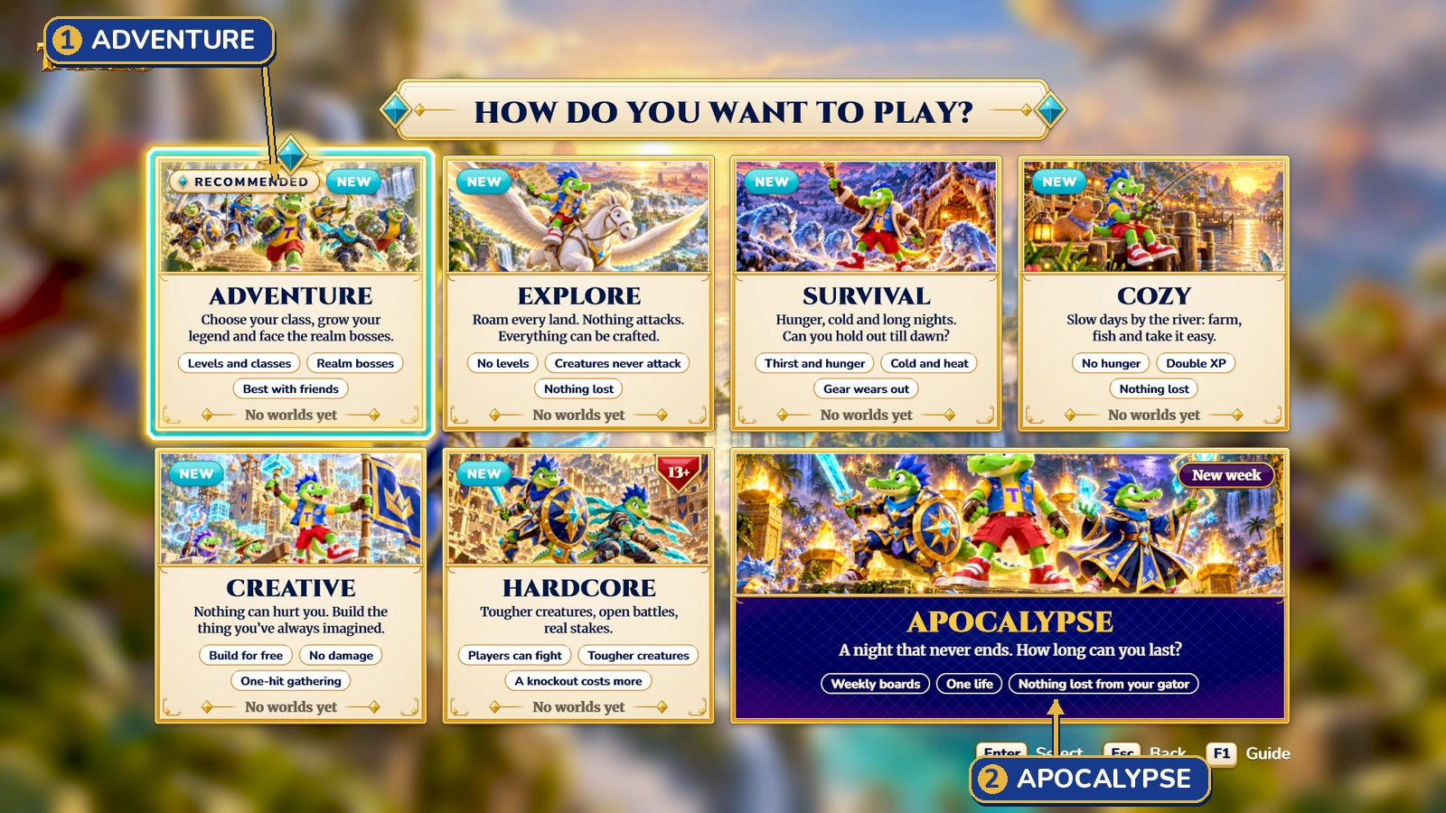 Mode cards: 1 choose ADVENTURE for a first world; 2 APOCALYPSE opens the survival-run page.
