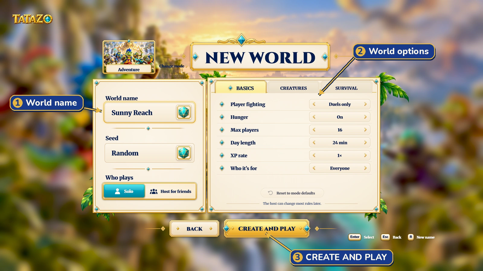 New world: 1 name your world; 2 review its options; 3 CREATE AND PLAY takes you to gator setup.