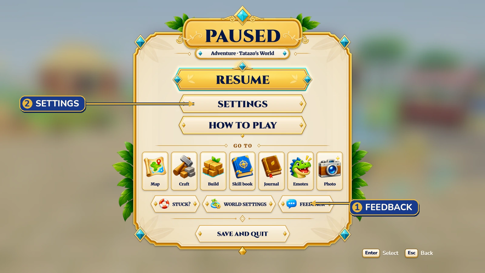 Pause menu: 1 FEEDBACK opens the report window; 2 SETTINGS opens your preferences.