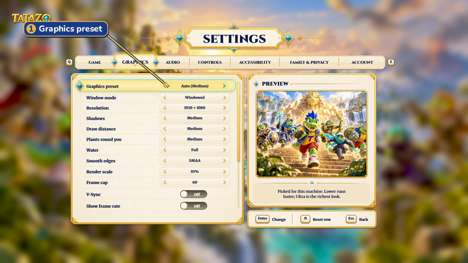 Graphics settings: 1 choose the graphics preset; start with Auto, or try Low if the game is slow.