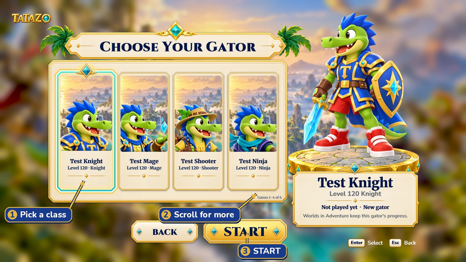 Tester gators, first view: 1 select a class card; 2 scroll along the row for more classes; 3 START plays your selection.