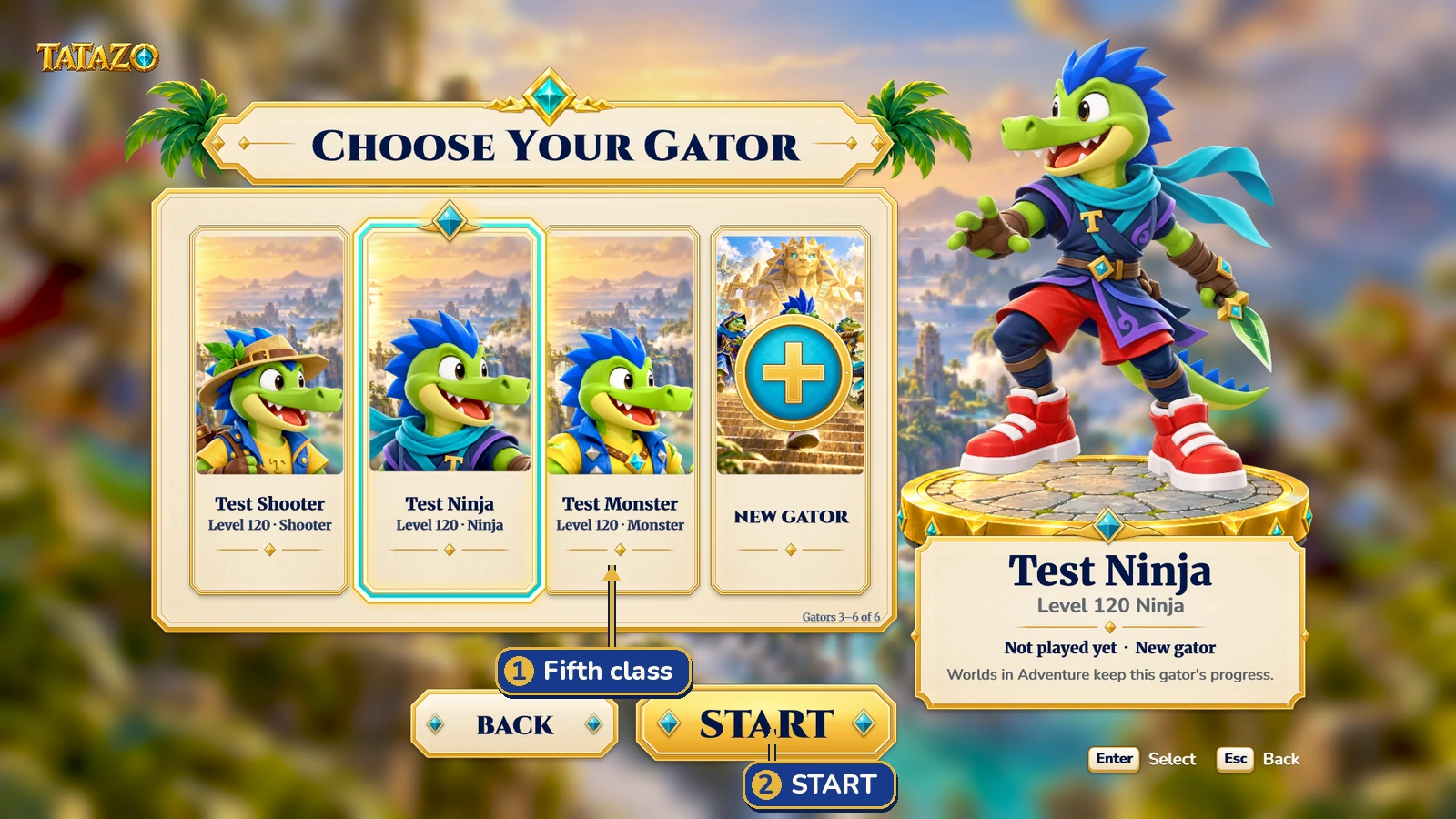 Tester gators, last view: 1 Test Monster is the fifth class; 2 START plays the selected gator.