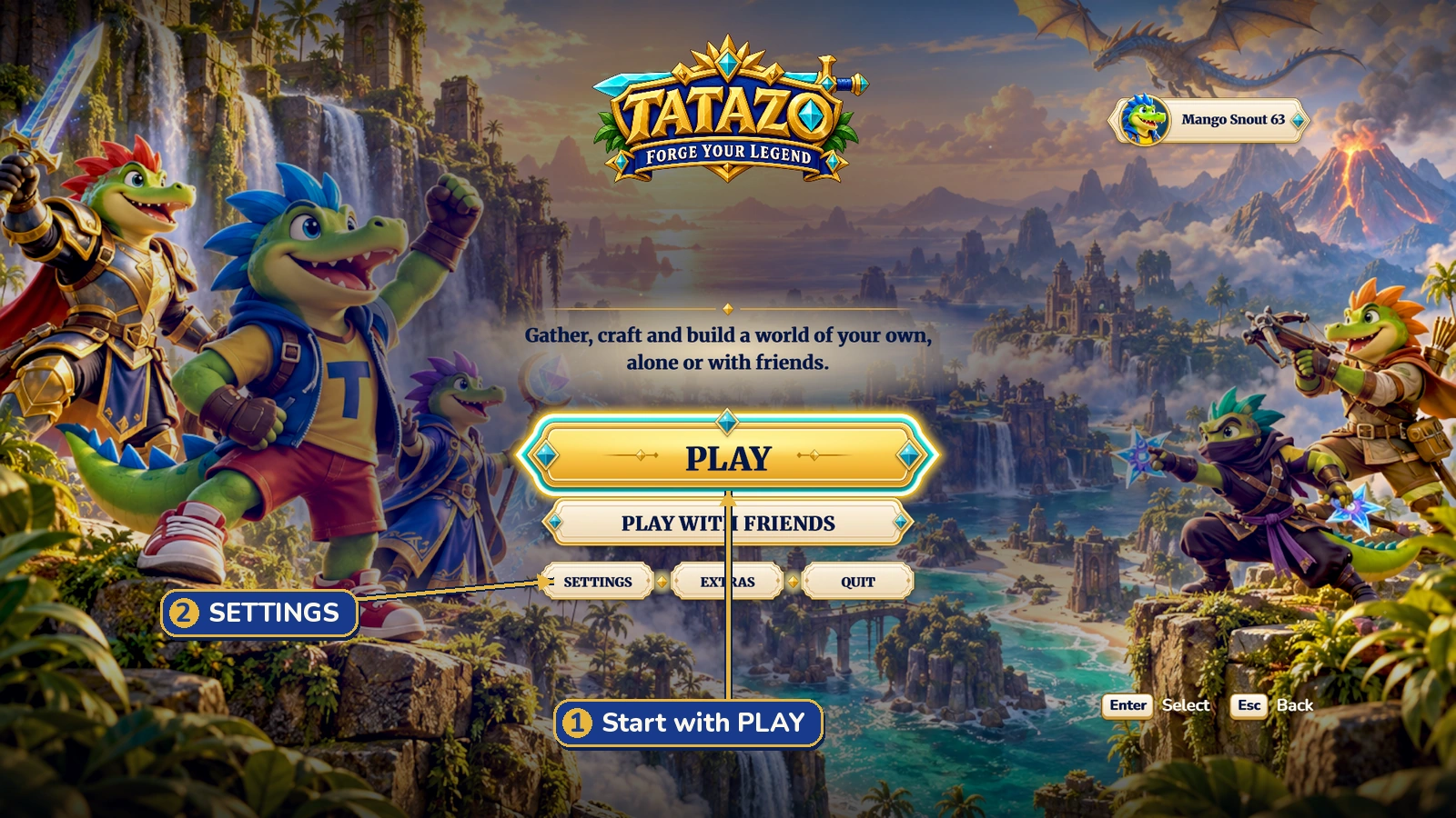 Title screen: 1 PLAY starts the setup; 2 SETTINGS changes your controls, sound and video.