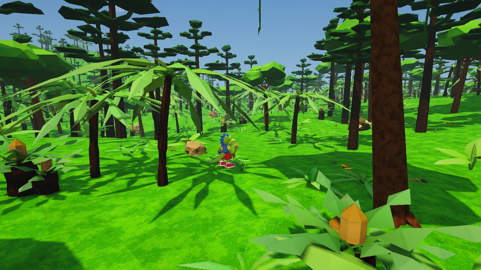 The Primeval Isle in the game: tall conifers, cycads and a quiet bay